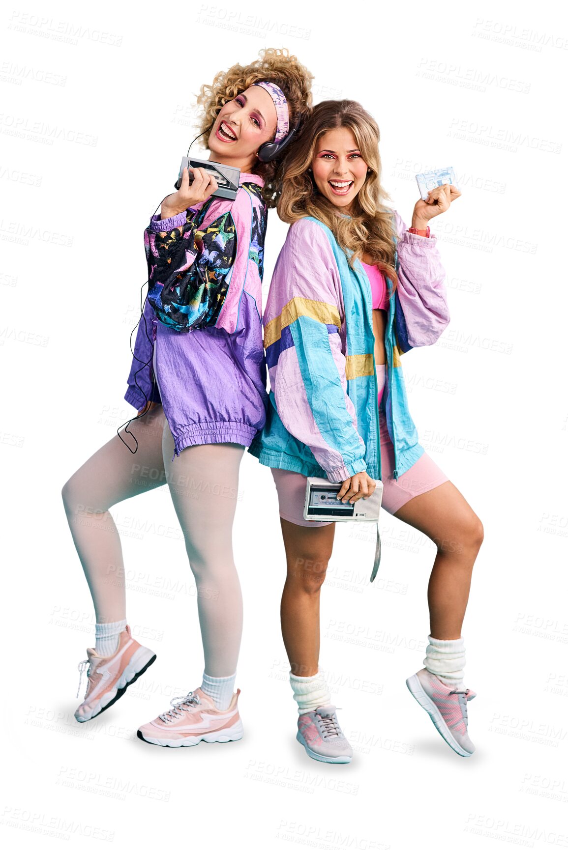 Buy stock photo Portrait, fashion and happy friends with tape player, trendy headphones or listen to retro music, audio or sound. Excited, women and girls with vintage cassette isolated on transparent png background