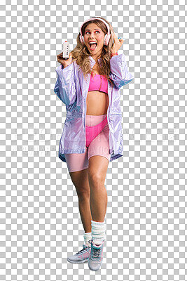 Buy stock photo Vintage, fashion and woman for happiness with cassette, fitness clothes and headphones to celebrate in retro style. Young model, mixtape and neon gym outfit and isolated on transparent png background