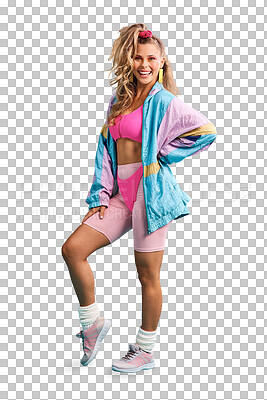 Buy stock photo Retro, fashion and portrait for woman for 80s make up, happy and fitness clothes in vintage beauty with style. Young model, face or smile in neon gym outfit or isolated on transparent png background