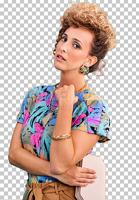 Buy stock photo Woman, vintage fashion and face in portrait, retro and isolated on transparent png background. Female person, confidence and pride for outfit, stylish and neon clothing for trend and fashionable