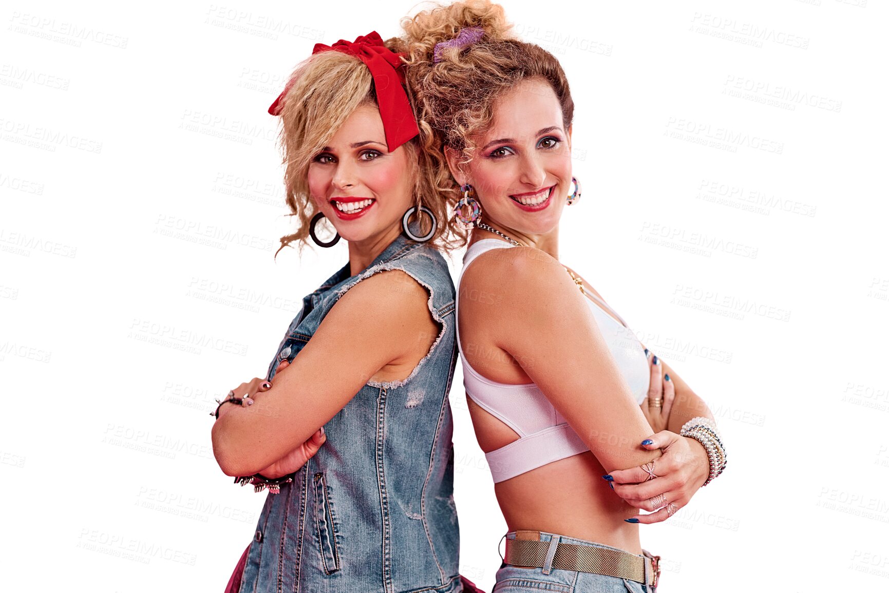 Buy stock photo Friends, women and smile in portrait, fashion and retro or vintage clothing, support and bonding. People, face and happy or style, colourful and curly hair or isolated on transparent png background