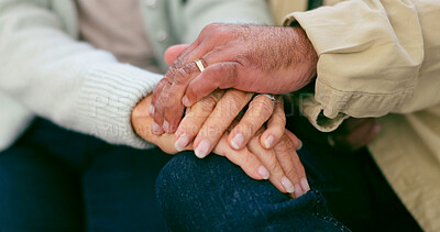 Buy stock photo Love, closeup and senior couple holding hands in conversation together for bonding at home. Comfort, empathy and elderly man and woman in retirement with compassion and romance at modern house.
