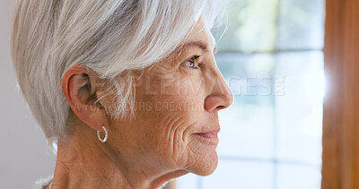 Buy stock photo Senior, woman and face with thinking by window of memory, alzheimer and idea in retirement home with smile. Elderly, person and thoughtful with nostalgia, remember and relax in assisted living