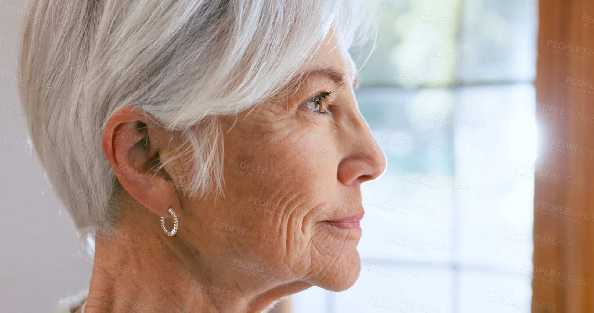 Buy stock photo Senior, woman and face with thinking by window of memory, alzheimer and idea in retirement home with smile. Elderly, person and thoughtful with nostalgia, remember and relax in assisted living