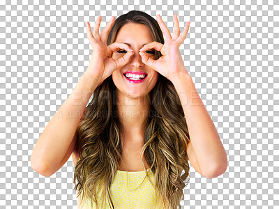 Buy stock photo Woman, okay sign and hands with portrait for agreement, happy and support with good or positive review. Model, smile and face with yes emoji for perfect and  isolated on transparent png background