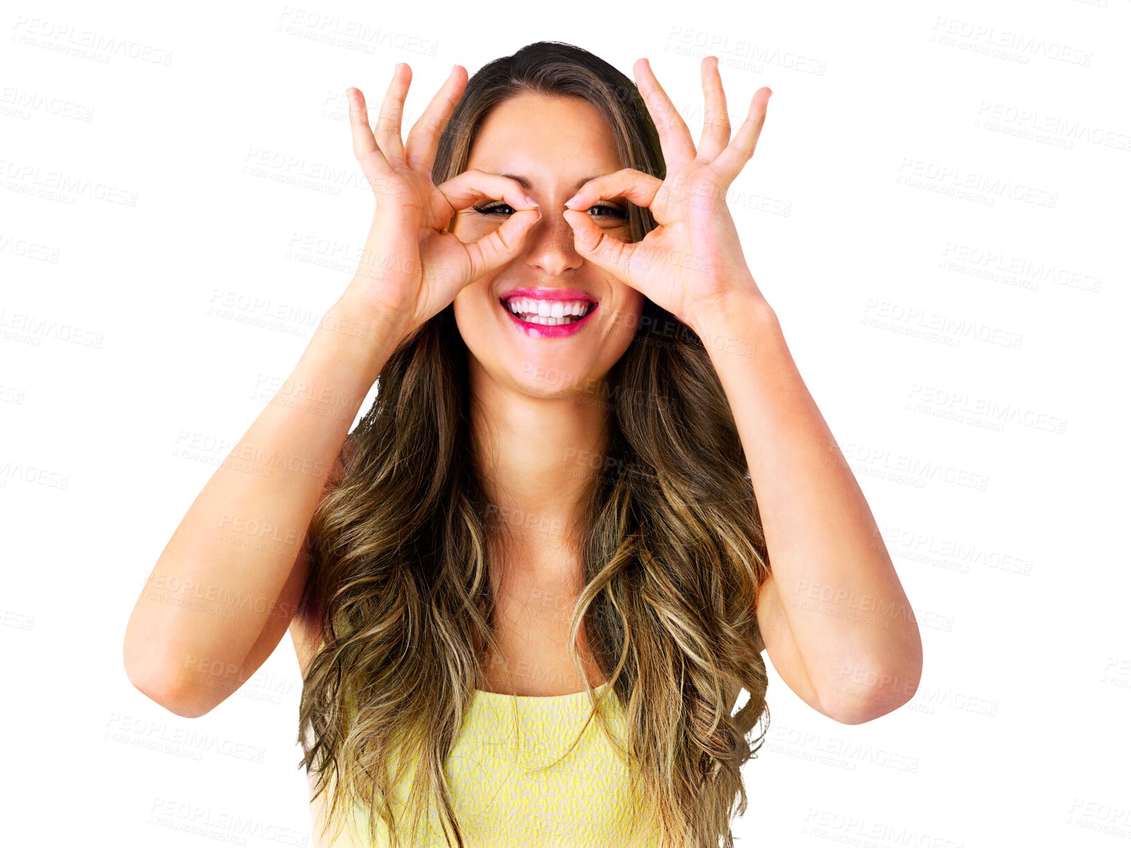 Buy stock photo Woman, okay sign and hands with portrait for agreement, happy and support with good or positive review. Model, smile and face with yes emoji for perfect and  isolated on transparent png background