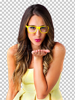 Buy stock photo Glasses, portrait and woman with air kiss for love, like emoji sign and fashion. Face, blowing and hand gesture for care, makeup and romantic valentines day isolated on a transparent png background