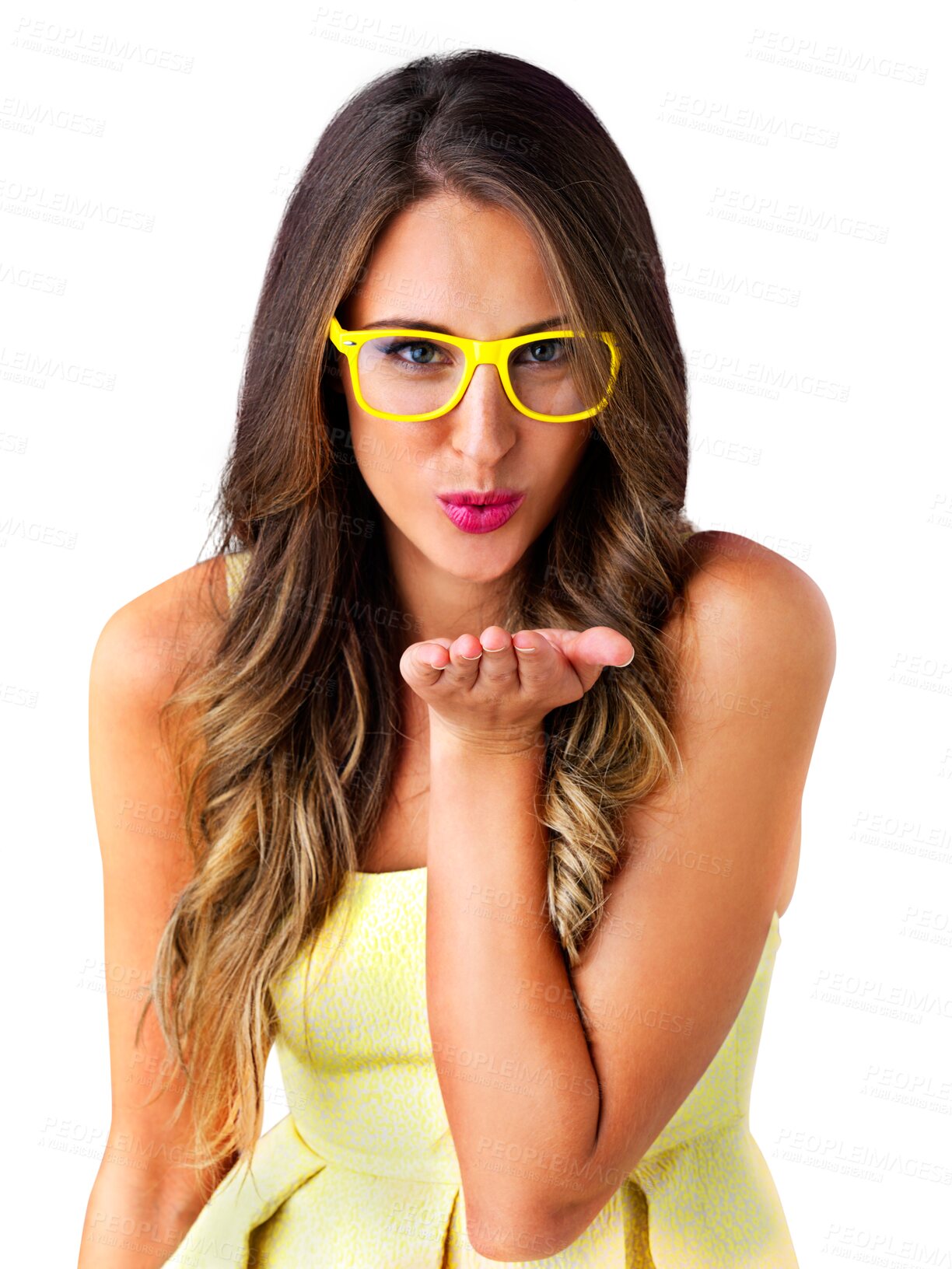 Buy stock photo Glasses, portrait and woman with air kiss for love, like emoji sign and fashion. Face, blowing and hand gesture for care, makeup and romantic valentines day isolated on a transparent png background