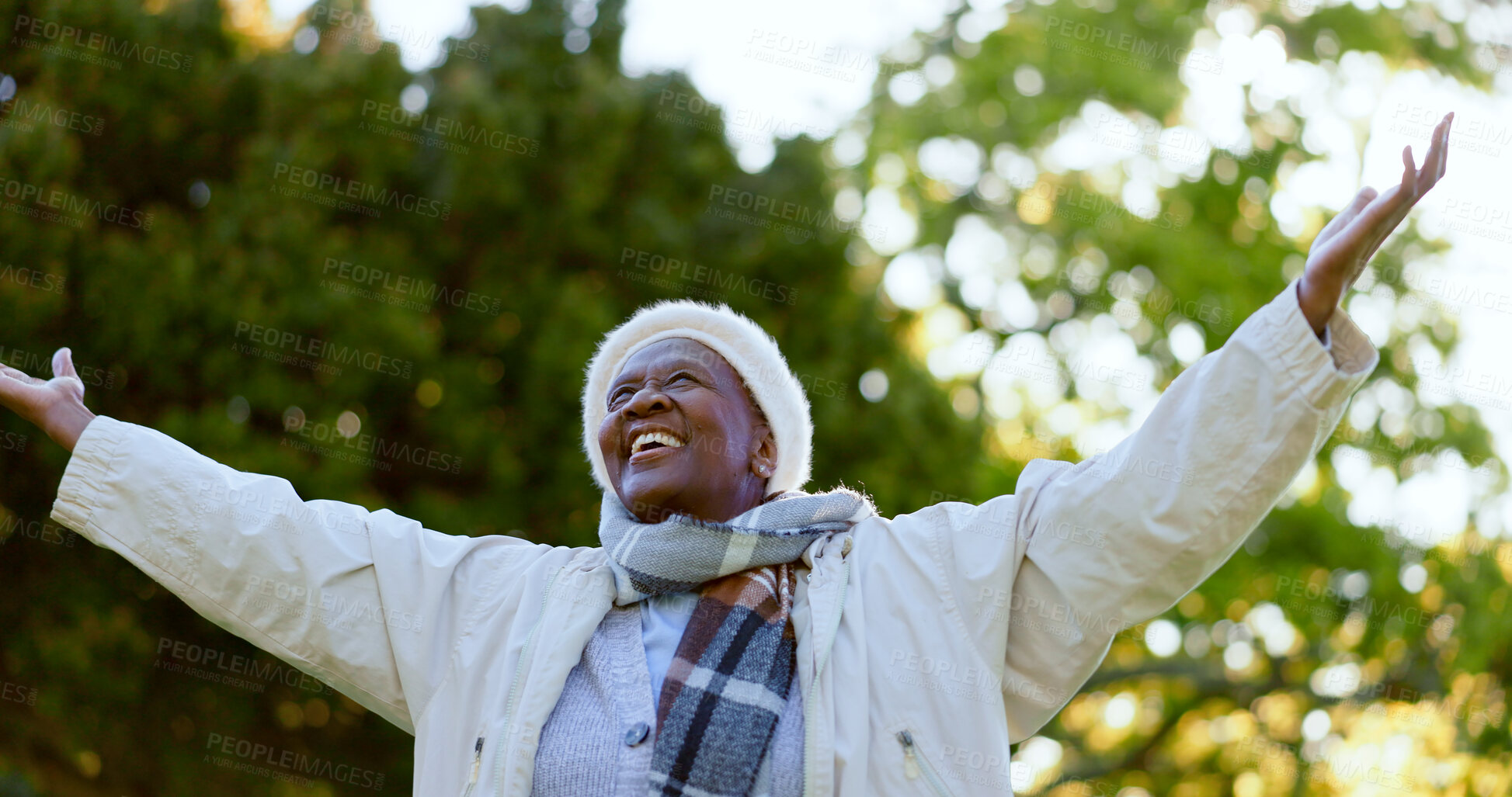 Buy stock photo Nature, freedom and happy senior woman in a park for happy, celebration or travel adventure. Retirement, energy and African female person in a forest with gratitude for life, peace and fresh air