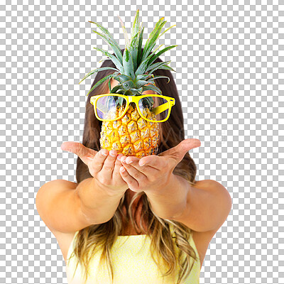 Buy stock photo Sunglasses, pineapple and hands of young woman with comic, funny or goofy joke for natural diet. Silly, crazy and female person with fruit and eyewear for humor isolated by transparent png background