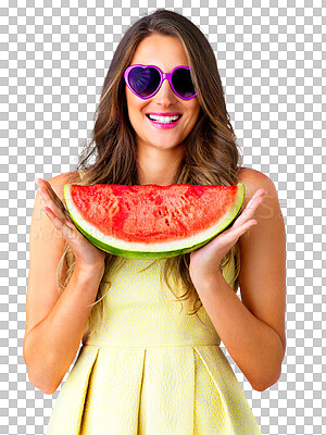 Buy stock photo Woman, watermelon and vegan with fruits for health wellness, vitamins and organic nutrition for hydration. Model, smile and digestion with trendy sunglasses and isolated on transparent png background