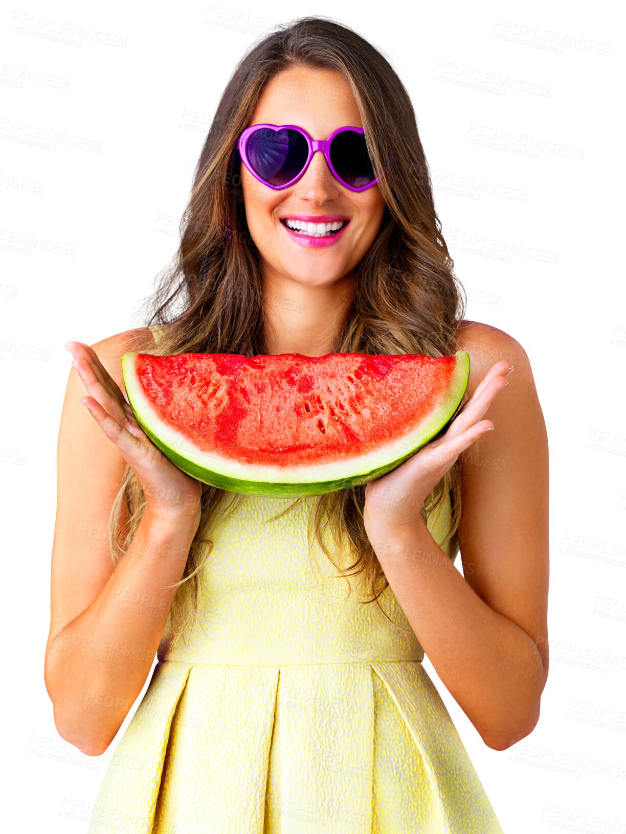 Buy stock photo Woman, watermelon and vegan with fruits for health wellness, vitamins and organic nutrition for hydration. Model, smile and digestion with trendy sunglasses and isolated on transparent png background