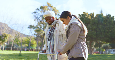 Buy stock photo Senior care, old woman with walker and nurse in park with support, help or trust at nursing home. Retirement healthcare, elderly person and happy caregiver walk and talk in garden together with smile