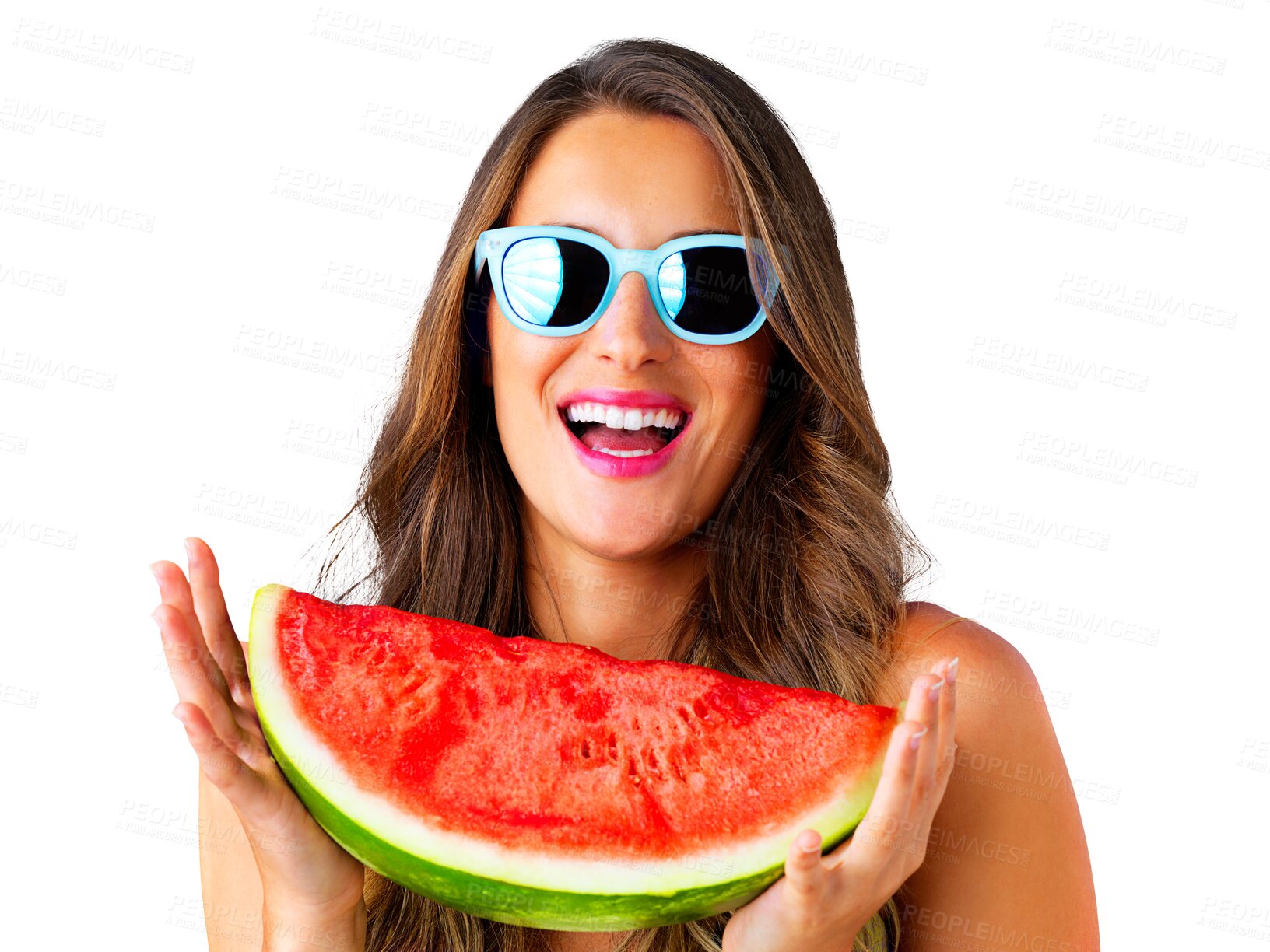 Buy stock photo Woman, watermelon and sunglasses for vegan with fruits, laughing and health wellness for organic nutrition. Model, happy and vitamins with trendy glasses and isolated on transparent png background