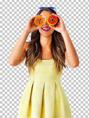 Buy stock photo Smile, beauty and young woman with papaya for natural, health and wellness diet and comic joke. Happy, funny and female person from Canada with fruit for eyes isolated by transparent png background.