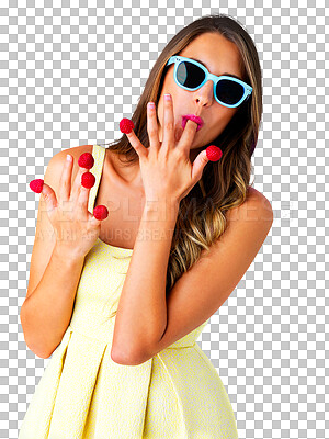 Buy stock photo Isolated woman, eating raspberry and sunglasses with health, diet or detox by transparent png background. Girl, model and fashion with fruit, nutrition and food for wellness, summer style and fingers