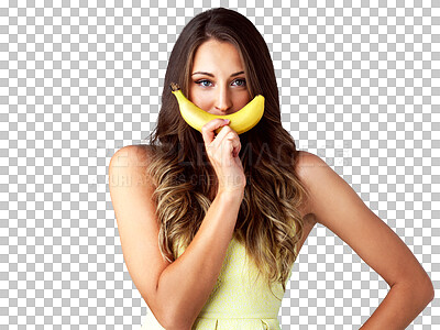 Buy stock photo Smile, beauty and young woman with banana for natural, health and wellness diet and comic joke. Happy, funny and female person from Canada with fruit for mouth isolated by transparent png background.