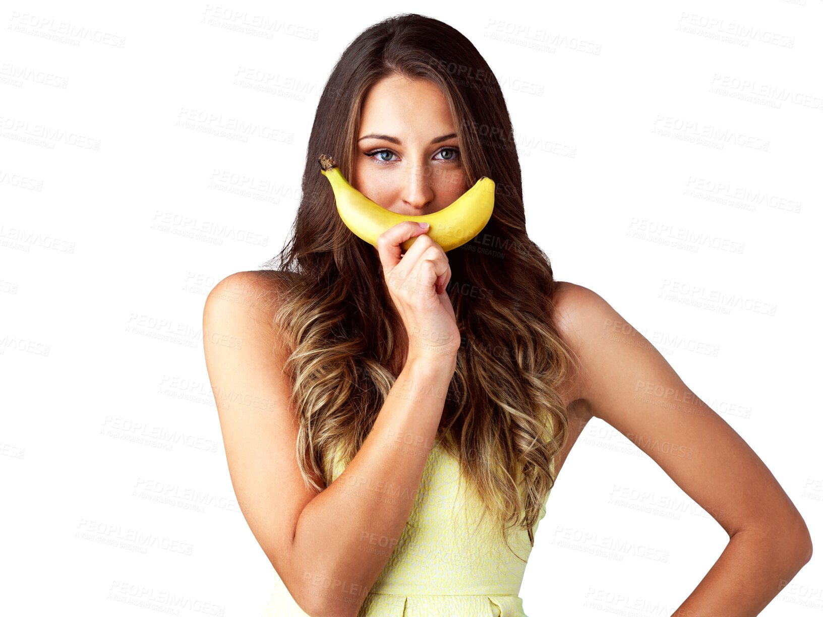 Buy stock photo Smile, beauty and young woman with banana for natural, health and wellness diet and comic joke. Happy, funny and female person from Canada with fruit for mouth isolated by transparent png background.