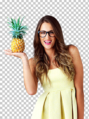 Buy stock photo Woman, pineapple or glasses with portrait for fruits wellness, vitamin c or organic nutrition for health. Young model, smile or face for detox digestion and isolated on transparent png background