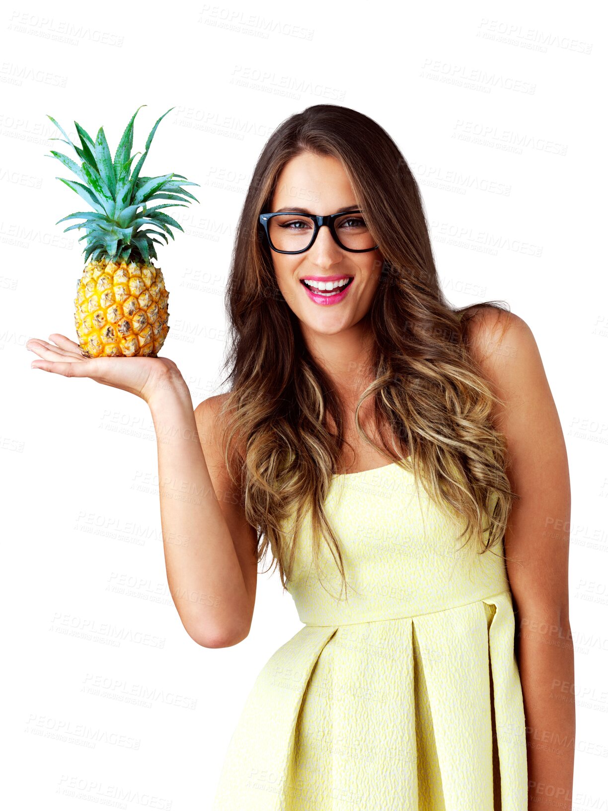 Buy stock photo Woman, pineapple or glasses with portrait for fruits wellness, vitamin c or organic nutrition for health. Young model, smile or face for detox digestion and isolated on transparent png background