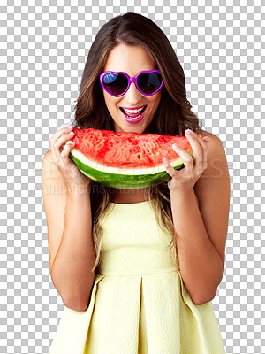 Buy stock photo Model, eating watermelon or vegan with fruits for health wellness, vitamins or organic nutrition for hydration. Model, happy or detox with trendy sunglasses or isolated on transparent png background