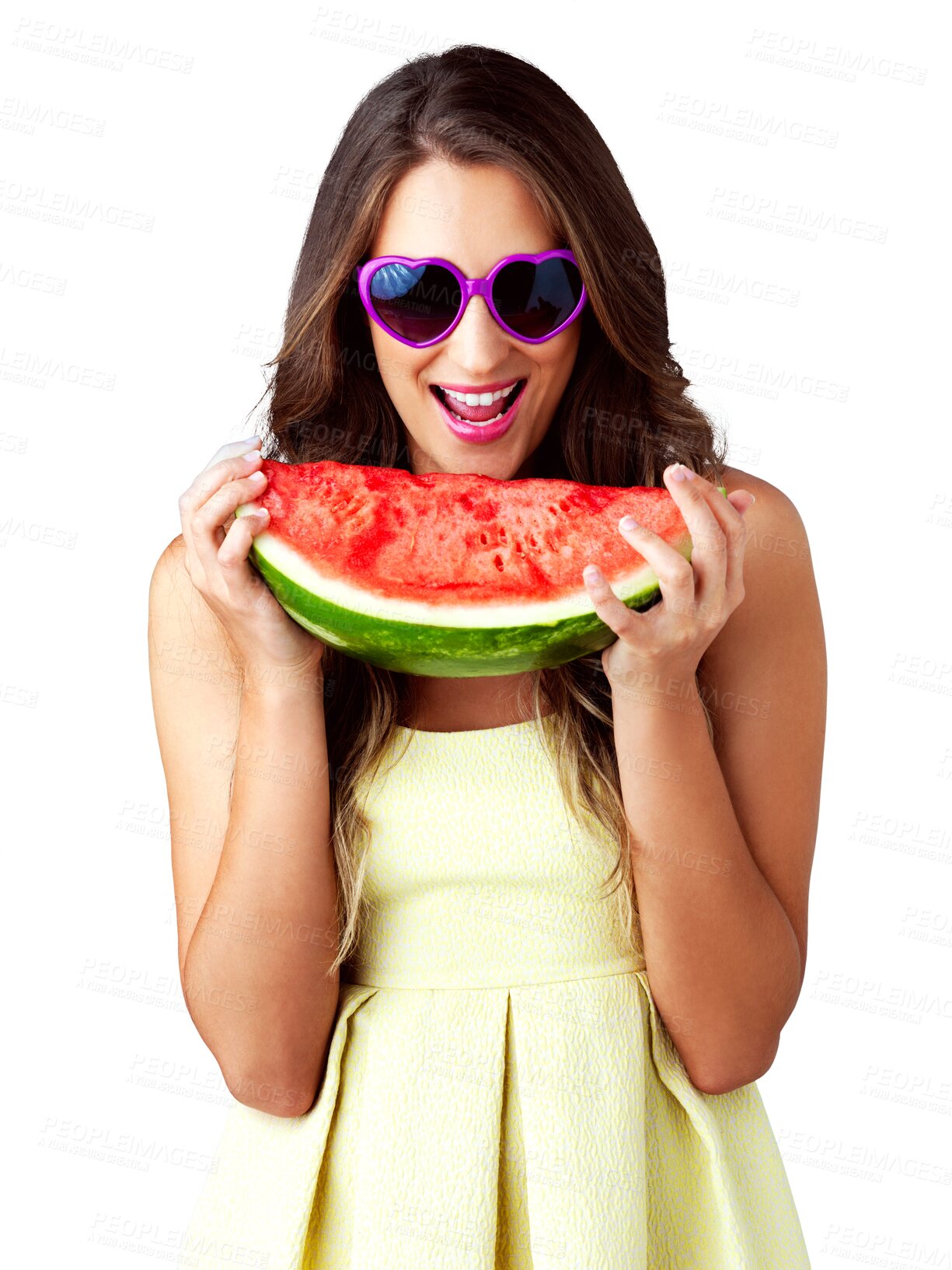 Buy stock photo Model, eating watermelon or vegan with fruits for health wellness, vitamins or organic nutrition for hydration. Model, happy or detox with trendy sunglasses or isolated on transparent png background