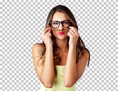 Buy stock photo Portrait, glasses and hair mustache with a model isolated on a transparent background for vision or beauty. Smile, comic and haircare with an attractive young woman on PNG for playful humor or joke