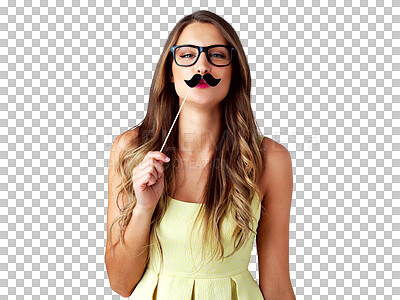 Buy stock photo Portrait, woman and kiss with mustache, disguise or prop with funny face for joke, humor and comedy. Female person, glasses and smiling in pose on isolated or transparent png background for silly