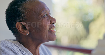 Buy stock photo Retirement home, thinking and senior woman in outdoors,  and smile for healthcare, choice and decision. Elderly black person, positive mental health and happy for future, trust and relax on balcony