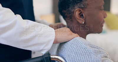 Buy stock photo Woman, person with disability and retirement home for help, care or support with closeup, nurse or old. Wheelchair, healthcare or elderly for medical, retired or worker for patient, nursing or job
