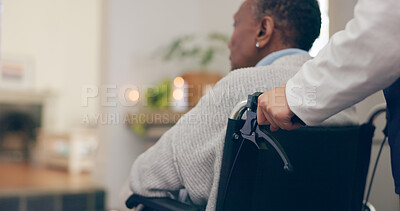 Buy stock photo Woman, person with disability and wheelchair for help, care or support with bokeh, nurse or old. Retirement home, healthcare or elderly for medical, retired or worker for patient, caregiver and job
