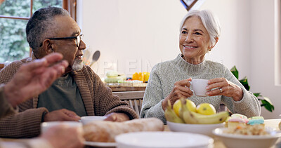 Buy stock photo Friends, tea party and a group of senior people in the living room of a community home for a social. Retirement, smile or conversation with elderly men and women together in an apartment for a visit