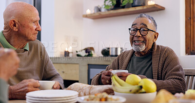 Buy stock photo Smile, tea party and a group of senior people in the living room of a community home for a social. Friends, retirement or conversation with elderly men and women together in an apartment for a visit