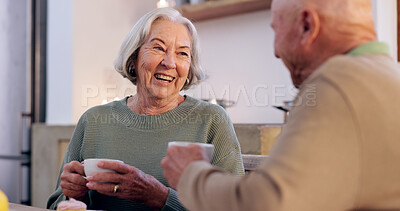 Buy stock photo Funny, retirement and a senior couple drinking tea in the dining room of their home together in the morning. Smile, relax or laughing with an elderly man and woman in apartment for romance and coffee