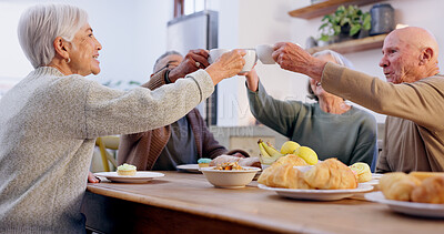 Buy stock photo Cheers, tea party and a group of senior people in the living room of a community home for a social. Friends, toast or celebration with elderly men and women together in an apartment for a visit