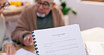 Will, paperwork and contract with consultation and life insurance information for senior couple. Testament, agreement and document for attorney process and legal review in print in a lawyer office