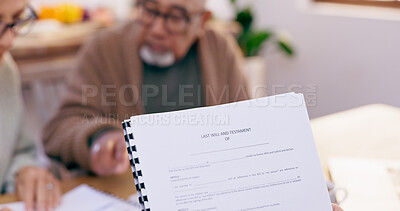 Buy stock photo Will, paperwork and contract with consultation and life insurance information for senior couple. Testament, agreement and document for attorney process and legal review in print in a lawyer office