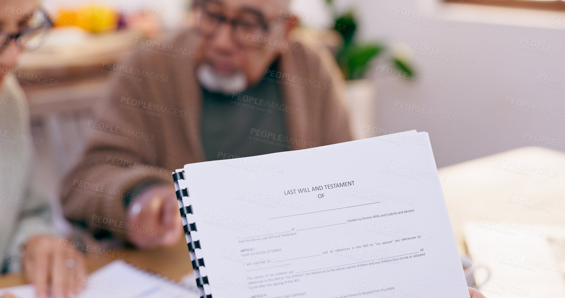 Buy stock photo Will, paperwork and contract with consultation and life insurance information for senior couple. Testament, agreement and document for attorney process and legal review in print in a lawyer office