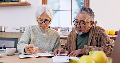 Buy stock photo Senior couple, budget and finance notebook with writing and life insurance information for will at table. Discussion, list and paper for process and bills review in print in a retirement home