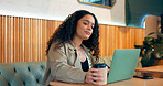 Woman, coffee and laptop in cafe for remote work, research or networking for business with smile. Face, person and happiness with technology in restaurant for copywriting, internet and freelancer