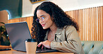 Cafe, thinking and woman with a laptop, relax and connection with inspiration, email and planning. Person, freelancer and entrepreneur with a pc, coffee shop or project with company website or app