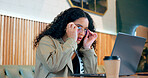 Laptop, reading glasses and coffee shop woman check internet, web or online research for freelance project, data or report. Restaurant, diner and customer reading hospitality review, info or article