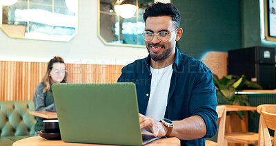 Coffee shop, thinking and man with a laptop, typing and connection with inspiration, ideas and planning. Person, freelancer and entrepreneur with a pc, cafe or project with company website or idea