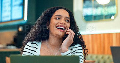 Woman, phone call and smile in cafe for remote work, communication or networking for business. Face, person and happiness with smartphone in coffee shop for copywriting, conversation and freelancer