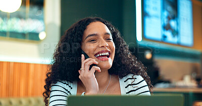 Woman, phone call and happy in cafe for remote work, communication or networking for business with smile. Face, person and talking with smartphone in coffee shop for copywriting, chat and freelancer