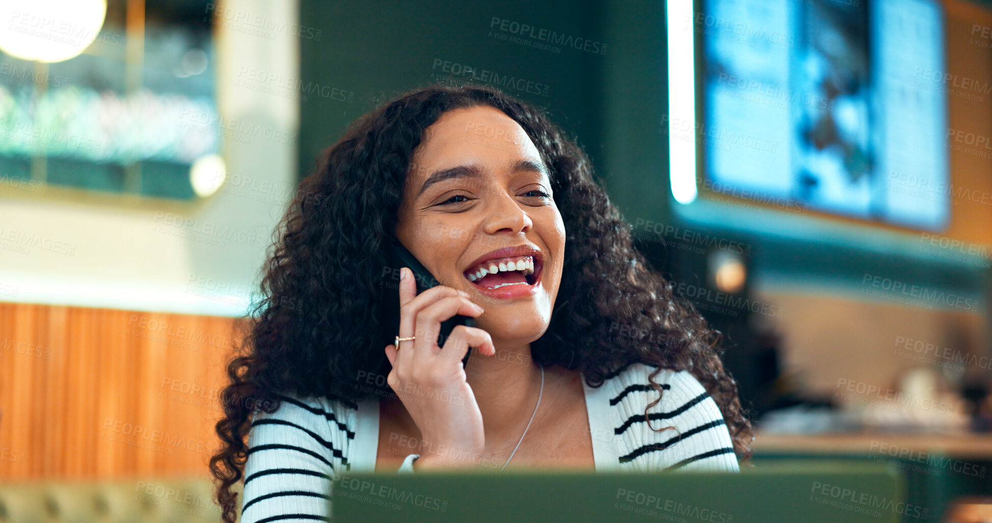 Buy stock photo Woman, phone call and happy in cafe for remote work, communication or networking for business with smile. Face, person and talking with smartphone in coffee shop for copywriting, chat and freelancer