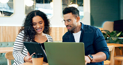 People, laptop and tablet at cafe for teamwork, planning and collaboration in remote work project or business startup. Happy woman, man or freelancer with client on digital technology at coffee shop