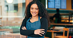 Businesswoman, coffee shop and arms crossed with smile, manager and startup for store, cafe or restaurant. Portrait, entrepreneurship or waitress for retail, proud or confident at door, happy or open