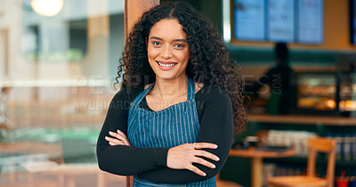 Businesswoman, coffee shop and arms crossed with smile, manager and startup for store, cafe or restaurant. Portrait, entrepreneurship or waitress for retail, proud or confident at door, happy or open