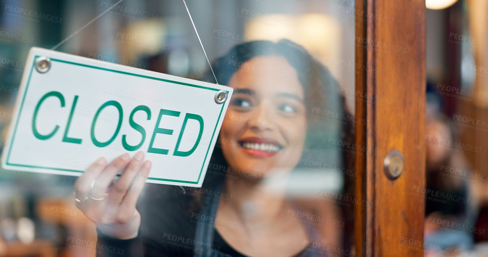 Buy stock photo Happy woman, small business or closed sign on window in coffee shop or restaurant for end of service. Closing time, smile or manager with board, poster or message in retail store or cafe for notice